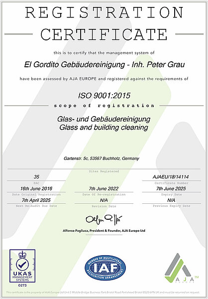   Unser Unternehmen ist zertifiziert nach  DIN ISO 9001:2015